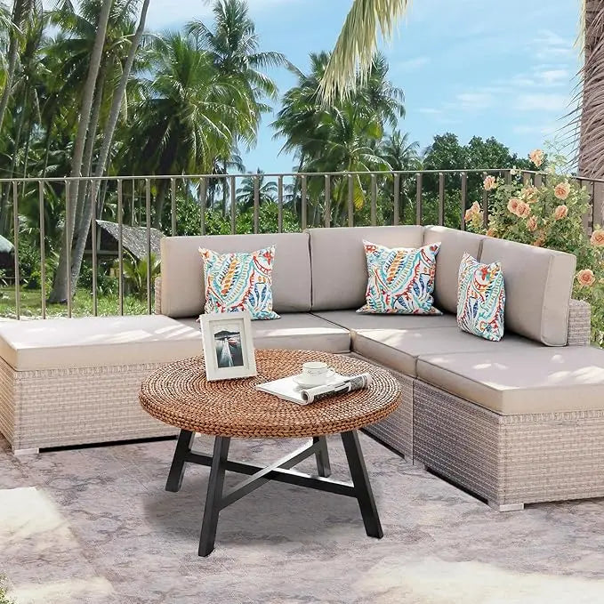 Round Coffee Table, Seagrass Coffee Solid Pine Wood X Base Frame Cocktail Table, Easy Assembled, Multiple Sizes for Living Room, 32 x 17 Inches,Gold - LeafyLoom