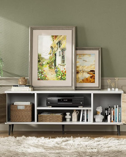 YESHOMY Modern TV Stand for 65" Television, Entertainment Center with Two Storage Cabinets, Retro Style Media Console for Living Room, Bedroom, Office, 58 Inch, White and Coffee - LeafyLoom