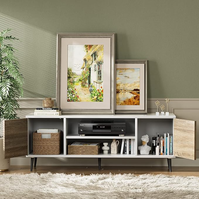 YESHOMY Modern TV Stand for 65" Television, Entertainment Center with Two Storage Cabinets, Retro Style Media Console for Living Room, Bedroom, Office, 58 Inch, White and Coffee - LeafyLoom