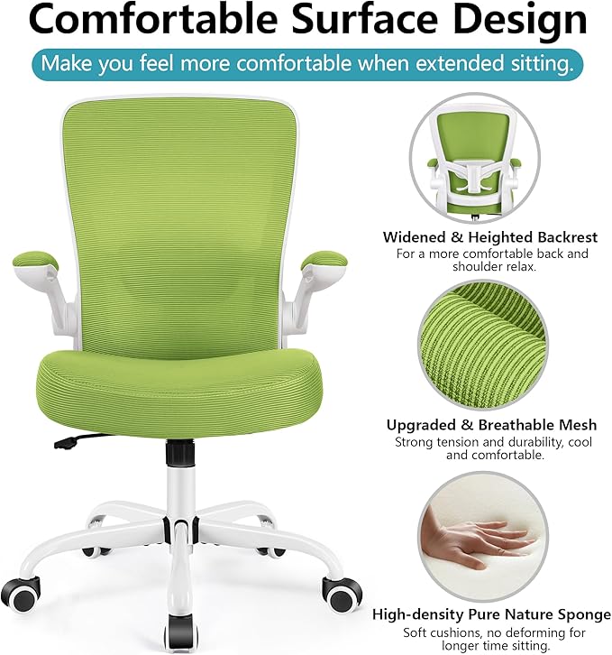 Office Chair, FelixKing Ergonomic Desk Chair Breathable Mesh Chair with Adjustable High Back Lumbar Support Flip-up Armrests, Executive Rolling Swivel Comfy Task Computer Chair for Home Office (Green) - LeafyLoom