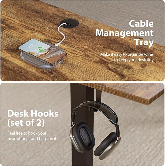 Height Adjustable Desk with Keyboard Tray, 55 x 24 Inches Electric Standing Desk, Stand up Computer Table with Memory Preset, Rustic Brown, Splice Board - LeafyLoom