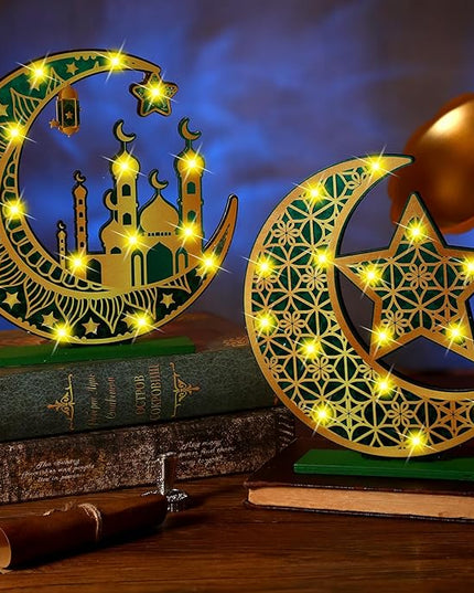 2 Pcs Ramadan Eid Mubarak Crafts Night Light 3D Wooden Moon Star Lights Ramadan Decorations LED Eid Mubarak Lamp Decor Ramadan Table Sign for Tabletop Home Party Supplies(Green and Gold) - LeafyLoom