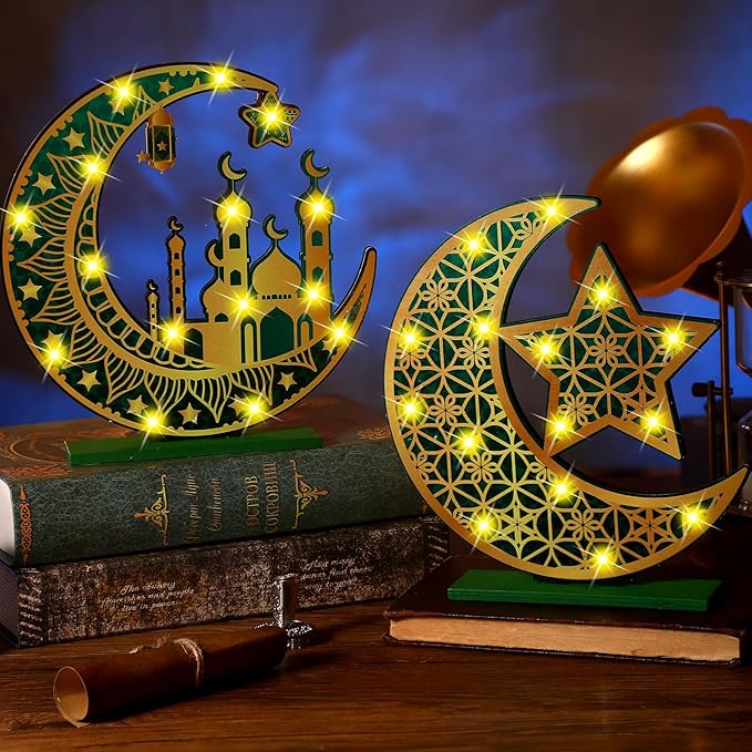 2 Pcs Ramadan Eid Mubarak Crafts Night Light 3D Wooden Moon Star Lights Ramadan Decorations LED Eid Mubarak Lamp Decor Ramadan Table Sign for Tabletop Home Party Supplies(Green and Gold) - LeafyLoom