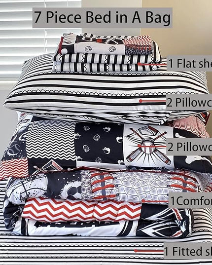 7 Piece Baseball Comforter Set Bed in A Bag Full Size 3D Softball Sports Bedding Set for Boys Kids Microfiber Comforter All Season (1 Comforter, 1 Flat Sheet, 1 Fitted Sheet, 4 Pillowcase) - LeafyLoom