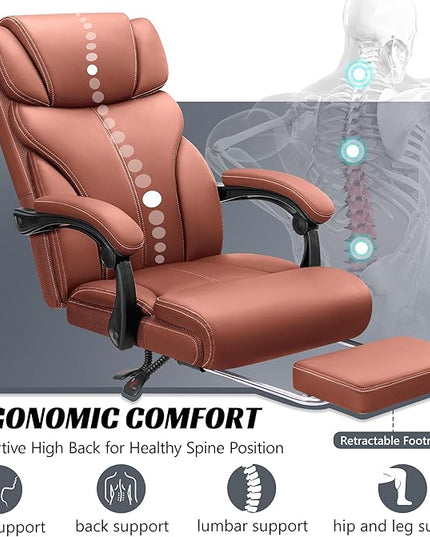 Office Chair, Executive Leather Chair Big and Tall Ergonomic Computer Desk Chair, Comfy Swivel Rolling Reclining Lumbar Support Task Chair with Adjustable High Back Foot Rest for Home Gaming - LeafyLoom