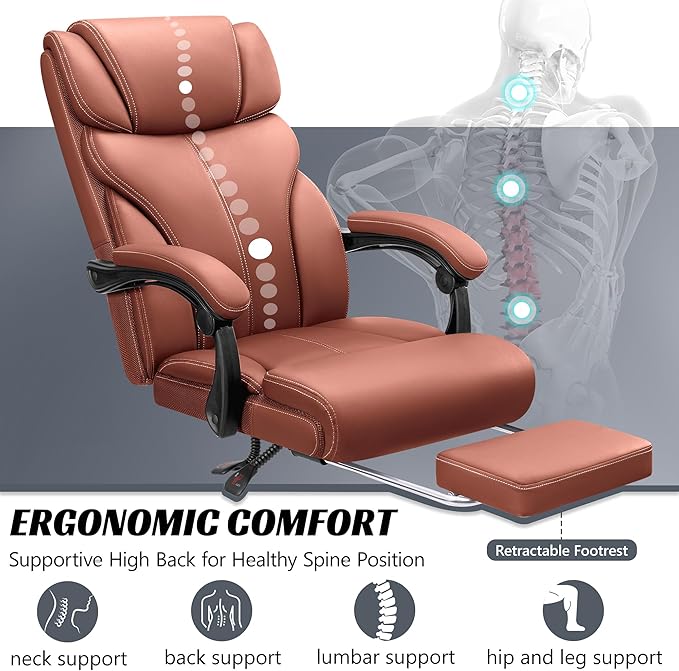 Office Chair, Executive Leather Chair Big and Tall Ergonomic Computer Desk Chair, Comfy Swivel Rolling Reclining Lumbar Support Task Chair with Adjustable High Back Foot Rest for Home Gaming - LeafyLoom