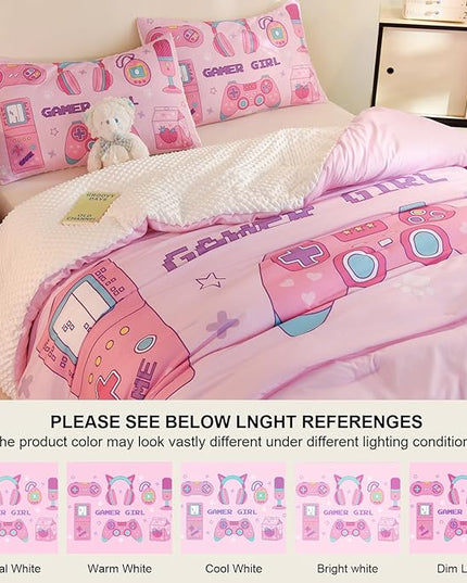 Video Game Queen Size Comforter Set for Girls Kids Teens 3D Gaming Controller Pattern Gamepad Print Bedding Set- 3 Piece Pink Quilt with 2 Pillowcases (90"x90") - LeafyLoom