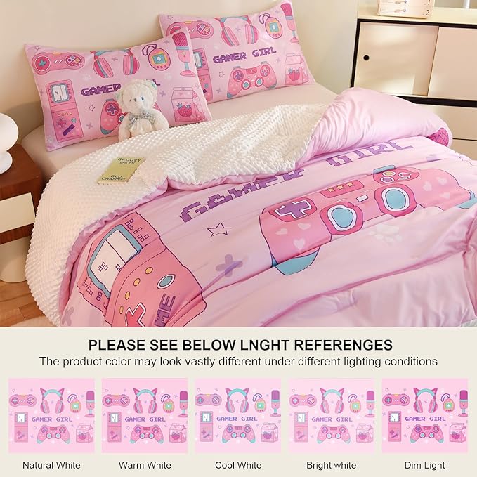 Video Game Queen Size Comforter Set for Girls Kids Teens 3D Gaming Controller Pattern Gamepad Print Bedding Set- 3 Piece Pink Quilt with 2 Pillowcases (90"x90") - LeafyLoom