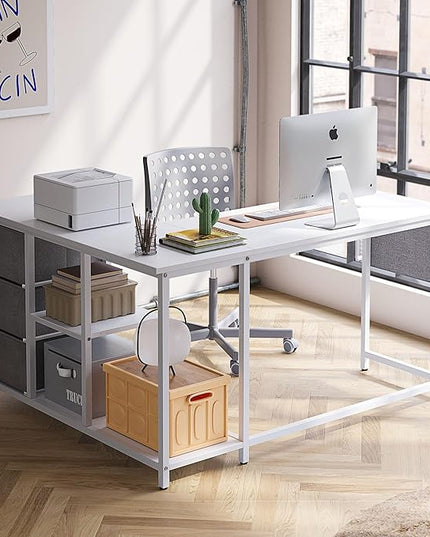 Treesland L Shaped Desk with Drawers, 55 inch Computer Desk with Storage & Shelves, Corner Desk with Storage, Home Office Desks with Drawers, L Shape Desks with Storage, White - LeafyLoom