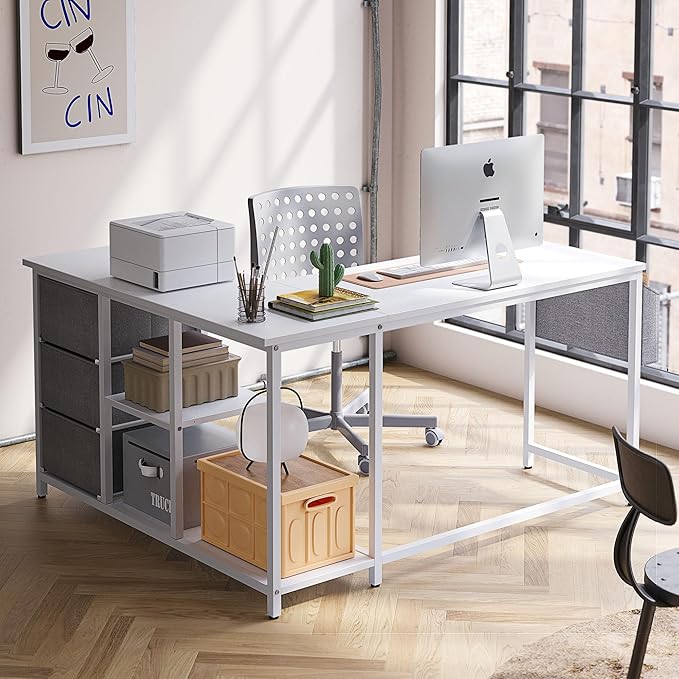 Treesland L Shaped Desk with Drawers, 55 inch Computer Desk with Storage & Shelves, Corner Desk with Storage, Home Office Desks with Drawers, L Shape Desks with Storage, White - LeafyLoom
