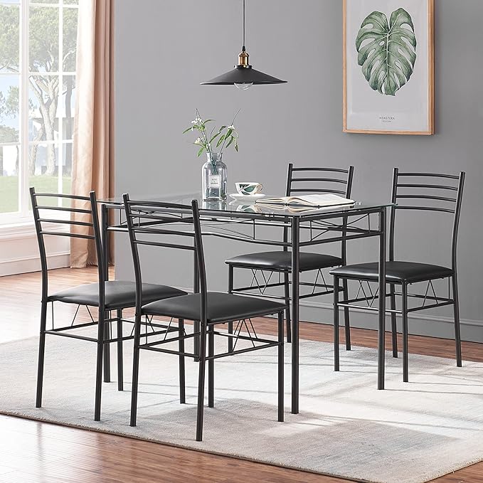 VECELO Kitchen Dining Room Table and Chairs 4, 5-Piece Dinette Sets, Space Saving (Black), 42.1" - LeafyLoom