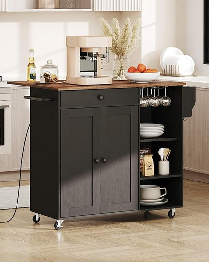 HOOBRO Kitchen Island with Storage, Rolling Kitchen Island with Folding Drop Leaf, Charging Station, Spice Rack, Drawer, Mobile Kitchen Island On Wheels, for Kitchen, Black and Rustic Brown BF95UZD01 - LeafyLoom