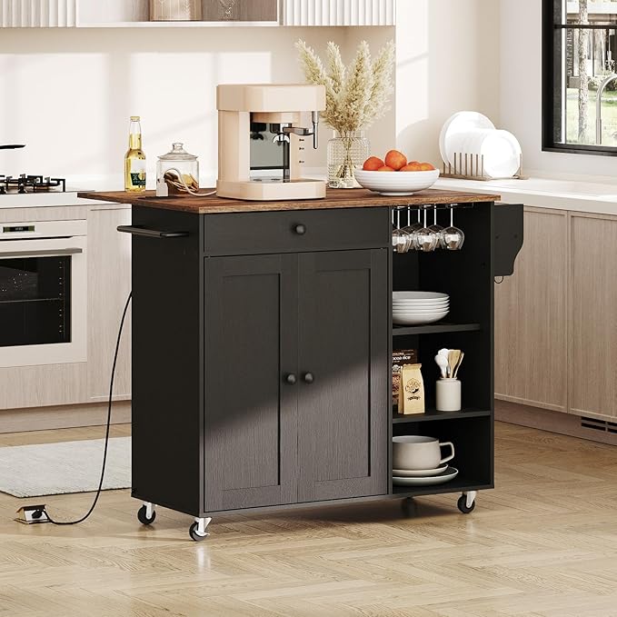 HOOBRO Kitchen Island with Storage, Rolling Kitchen Island with Folding Drop Leaf, Charging Station, Spice Rack, Drawer, Mobile Kitchen Island On Wheels, for Kitchen, Black and Rustic Brown BF95UZD01 - LeafyLoom