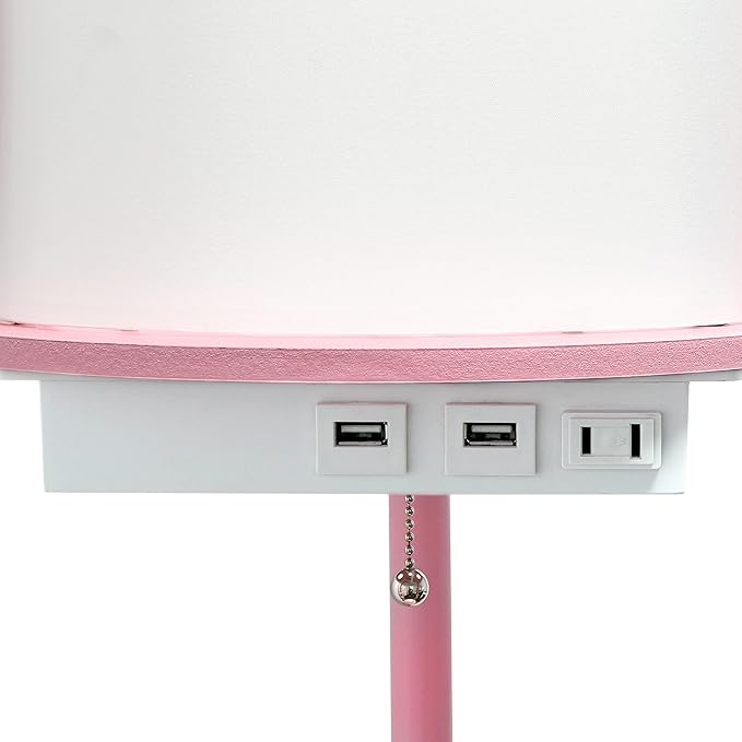 Simple Designs LF2010-LPK 62.5" Round Modern Shelf Etagere Organizer Storage Floor Lamp with 2 USB Charging Ports, 1 Charging Outlet and Linen Shade for Living Room Bedroom Office, Light Pink - LeafyLoom