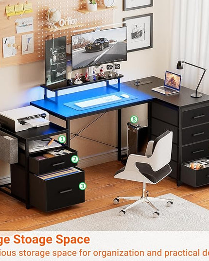 Unikito Reversible L Shaped Computer Desk with Fabric File Drawers, 70.8" Large Office Corner Desk with RGB LED Lights & Power Outlets & Monitor Stand & CPU Stand, Sturdy L Shape Gaming Desk, Black - LeafyLoom