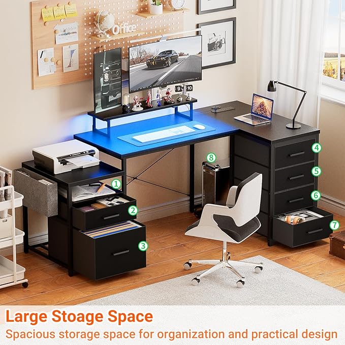 Unikito Reversible L Shaped Computer Desk with Fabric File Drawers, 70.8" Large Office Corner Desk with RGB LED Lights & Power Outlets & Monitor Stand & CPU Stand, Sturdy L Shape Gaming Desk, Black - LeafyLoom