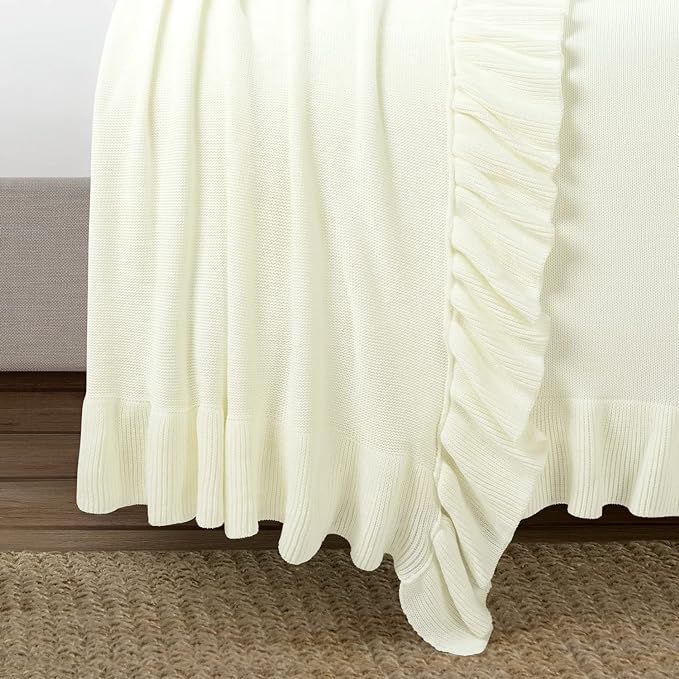 Lush Decor Reyna Soft Knitted Ruffle Throw Blanket, 88" W x 88" L, White - Classic Ruffled Bedding - Knit Blanket - Cozy Oversized Blanket For Bed or Couch - Vintage, Minimalist & Cottage Home Decor - LeafyLoom