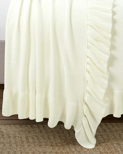 Lush Decor Reyna Soft Knitted Ruffle Throw Blanket, 88" W x 88" L, Light Gray - Ruffled Bedding - Knit Blanket - Cozy Oversized Blanket For Bed or Couch - Vintage, Minimalist & Cottage Home Decor - LeafyLoom