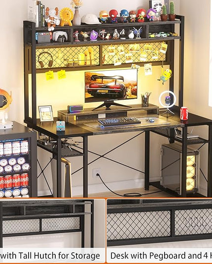 armocity 2024 Upgrade Gaming Desk with Hutch, 48'' Magic Computer Desk with LED and Outlets, Reversible Workstation Desk with Pegboard, Grey/Black - LeafyLoom