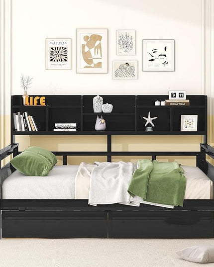 Full Size Daybed with Bedside Shelf and Two Drawers,Multifunctional Storage Solid Wood Bed,W/Wooden Slat Support,No Box Spring Needed,for Bedroom,Living Room,Apartment,Espresso - LeafyLoom