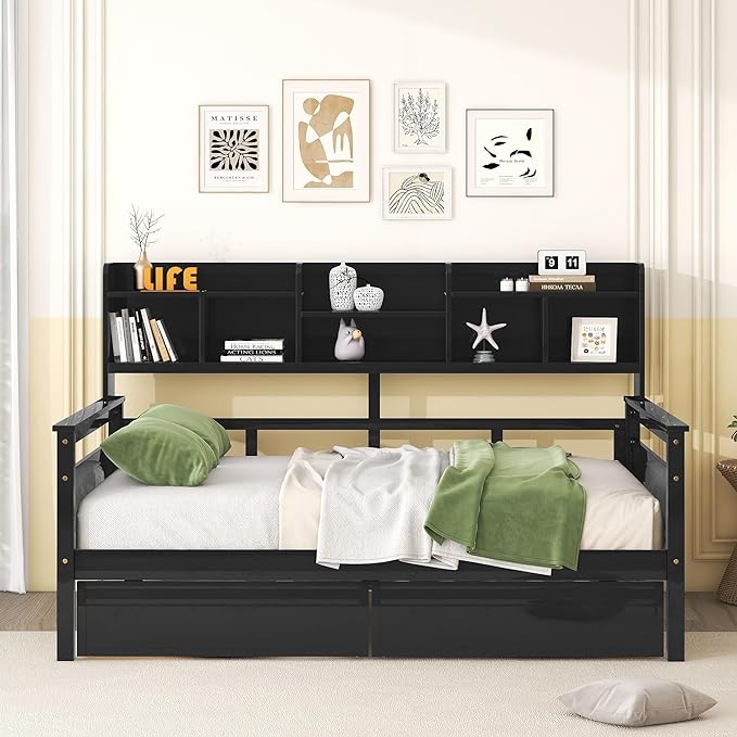 Full Size Daybed with Bedside Shelf and Two Drawers,Multifunctional Storage Solid Wood Bed,W/Wooden Slat Support,No Box Spring Needed,for Bedroom,Living Room,Apartment,Espresso - LeafyLoom