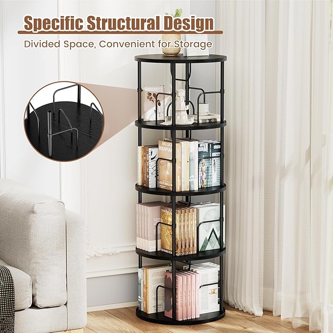 Rotating Bookshelf, 4 Tier Spinning Bookshelf Tower, 360° Display Unique Round Bookcase, Floor Standing Corner Revolving Bookshelf Storage Organizer for Small Spaces, Home Study Office, Black - LeafyLoom