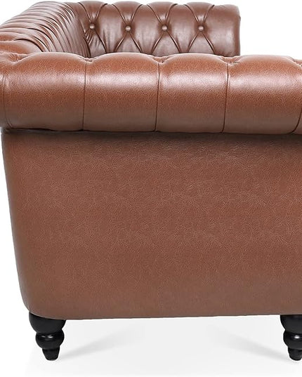 3-Seaters Living Room Clasic Chesterfield Sofa Couch Button Tufted PU Leather Upholstered Sofa&Couch with Luxury Roller Armrest Soild Wood Legs Movable Cushions & Nailhead Decor - LeafyLoom