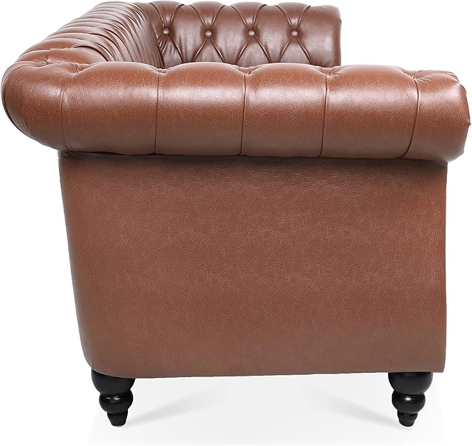 3-Seaters Living Room Clasic Chesterfield Sofa Couch Button Tufted PU Leather Upholstered Sofa&Couch with Luxury Roller Armrest Soild Wood Legs Movable Cushions & Nailhead Decor - LeafyLoom