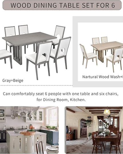 60 Inch Dining Table Set for 6, 7-Piece Rectangular Dining Table and 6 Upholstered Chairs with Special U-Shape Design, Wood Kitchen Table Set for Dining Room, Grey+Beige - LeafyLoom