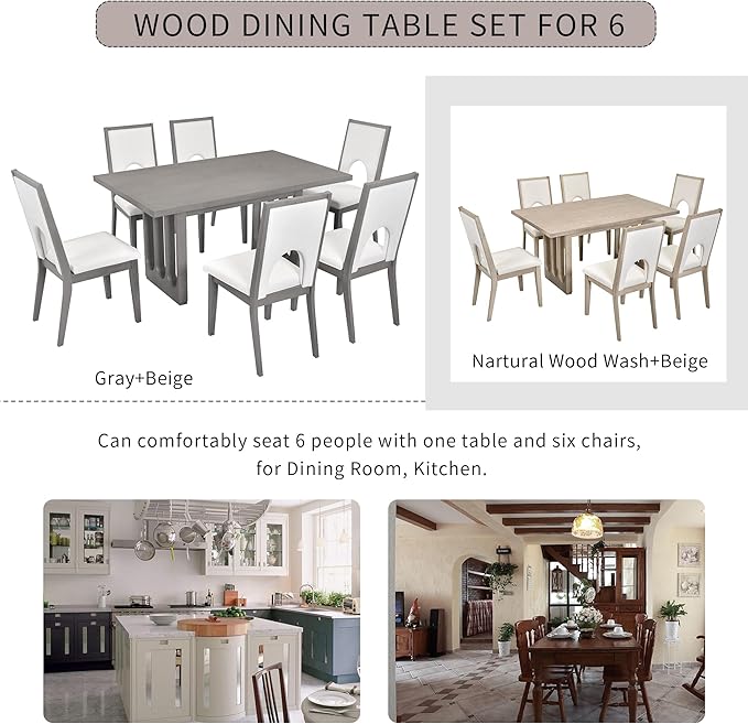 60 Inch Dining Table Set for 6, 7-Piece Rectangular Dining Table and 6 Upholstered Chairs with Special U-Shape Design, Wood Kitchen Table Set for Dining Room, Grey+Beige - LeafyLoom