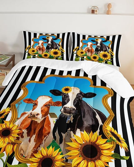 HOSIMA Animal Theme Bedding Set Bull and Cow Comforter with 2 Pillowcases,Black and White Stripes King Size Comforter Set for Adults Teens Kids,Sunflower Print Western Bedding Sets. - LeafyLoom