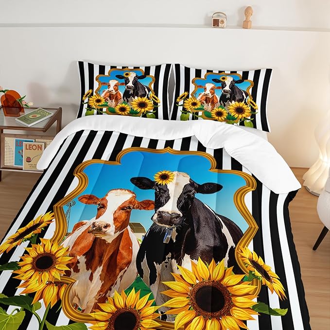 HOSIMA Animal Theme Bedding Set Bull and Cow Comforter with 2 Pillowcases,Black and White Stripes King Size Comforter Set for Adults Teens Kids,Sunflower Print Western Bedding Sets. - LeafyLoom