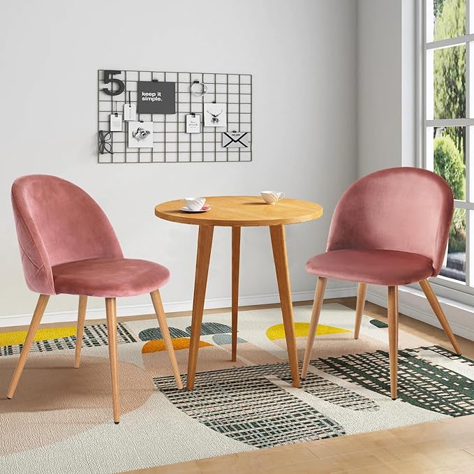FurnitureR Upholstered Velvet Dining Chair Mid Back Armless with Wood Legs for Home Kitchen Bedroom Living Room, Set of 1, Pink - LeafyLoom