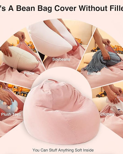 EXQ Home Stuffed Animal Storage Kids Bean Bag Chair Cover (No Filler) Washable Ultra Soft Corduroy Pink Bean Bag Cover for Organizing Plush Toys or Textile, Sack Bean Bag for Adults, Teens - LeafyLoom