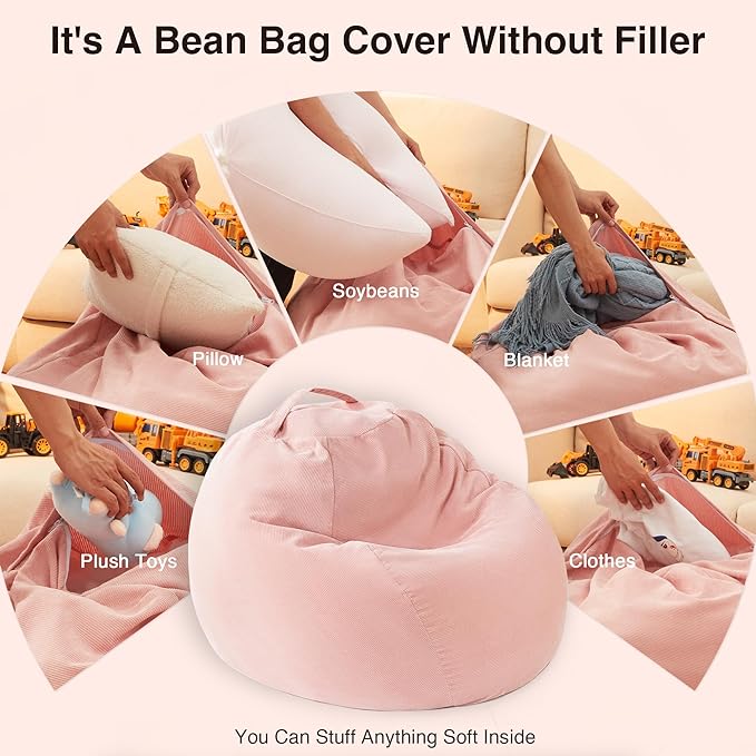 EXQ Home Stuffed Animal Storage Kids Bean Bag Chair Cover (No Filler) Washable Ultra Soft Corduroy Pink Bean Bag Cover for Organizing Plush Toys or Textile, Sack Bean Bag for Adults, Teens - LeafyLoom