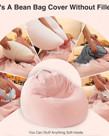 Stuffed Animal Storage Kids Bean Bag Chair Cover (No Filler) Washable Ultra Soft Corduroy Pink Bean Bag Cover for Organizing Plush Toys or Textile, Sack Bean Bag for Adults, Teens (2XL) - LeafyLoom