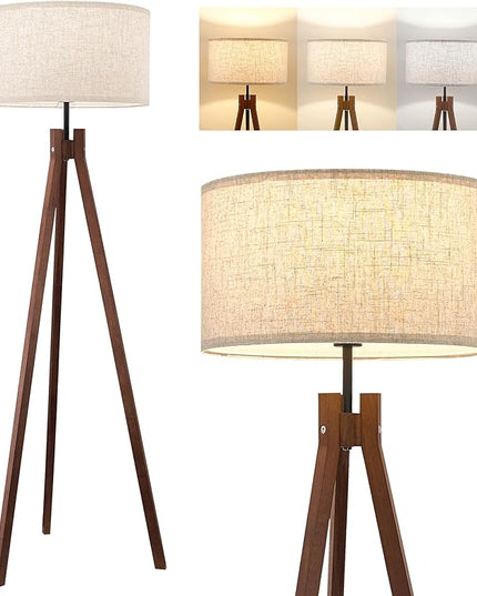 ELYONA Wood Tripod Floor Lamp, Mid Century Reading Standing Lamp with 3 Color Temperatures & Linen Shade, Modern Night Light for Bedroom, Farmhouse, Living Room, Office, 9W LED Bulb Included, Brown - LeafyLoom