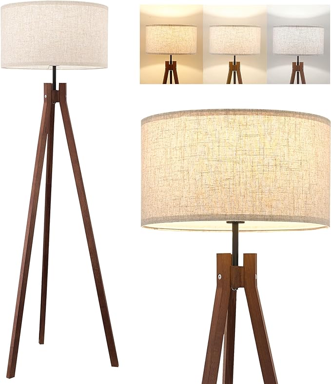 ELYONA Wood Tripod Floor Lamp, Mid Century Reading Standing Lamp with 3 Color Temperatures & Linen Shade, Modern Night Light for Bedroom, Farmhouse, Living Room, Office, 9W LED Bulb Included, Brown - LeafyLoom