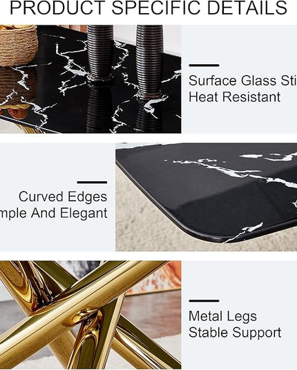 NicBex Large Modern Minimalist Rectangular Dining Table with 0.39 "Imitation Marble Black Tabletop and Golden Metal Legs for Kitchen Dining Living Meeting Room Banquet Hall, Black - LeafyLoom