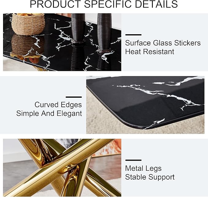 NicBex Large Modern Minimalist Rectangular Dining Table with 0.39 "Imitation Marble Black Tabletop and Golden Metal Legs for Kitchen Dining Living Meeting Room Banquet Hall, Black - LeafyLoom