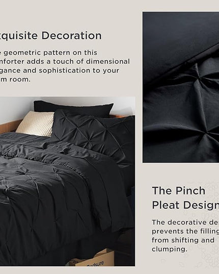 BEDSURE TwinXL Comforter Set with Sheets - 6 Pieces TwinXL Bedding Sets, Pinch Pleat Black Bed in a Bag with Comforters, Sheets & Skirt, Pillowcase & Sham, Kids Bedding Set - LeafyLoom
