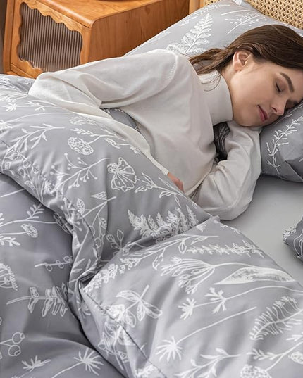 JANZAA Twin Comforter Set Floral Comforter Set Bedding Set White Flower Printing on Gray Comforter with 1 Pillow Case for All Season Using - LeafyLoom
