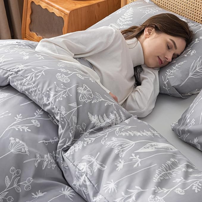 JANZAA Twin Comforter Set Floral Comforter Set Bedding Set White Flower Printing on Gray Comforter with 1 Pillow Case for All Season Using - LeafyLoom
