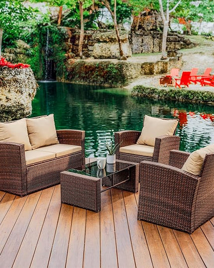 Nestl Wicker Outdoor Furniture Set - 4 Piece Patio Set (Brown/Beige) - LeafyLoom