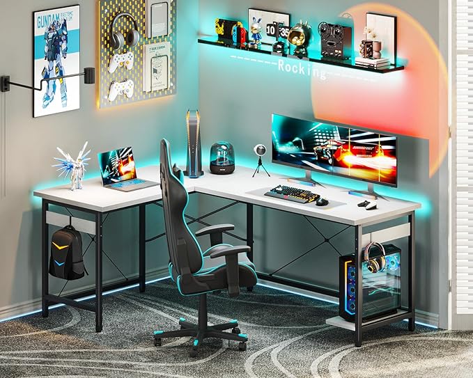 Coleshome 59" L Shaped Gaming Desk, Corner Computer Desk, Sturdy Home Office Table for Writing, Larger Workstation, White - LeafyLoom