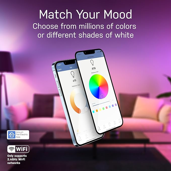 Feit Electric OM60/RGBW/CA/AG Smart WiFi Color Changing and Dimmable, Alexa or Google Assistant, No Hub Required A19 LED Light Bulb, 60W FeitElectricCompany