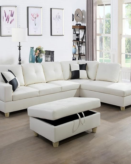 ROOMTEC Button L Shape 3 Piece Sectional Sofa Set, Upholstered Corner Couch with Storage Ottoman, Faux Leather Tufted Cushions, for Living Room, Apartment, 103inch, White w/Right Chaise Lounge - LeafyLoom