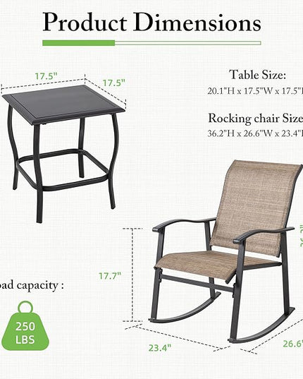 Shintenchi 3 Piece Rocking Bistro Set, Outdoor Furniture with Rocker Chairs and Glass coffee table set of 3, Balcony, Porch Furniture for Small Space, Brown - LeafyLoom