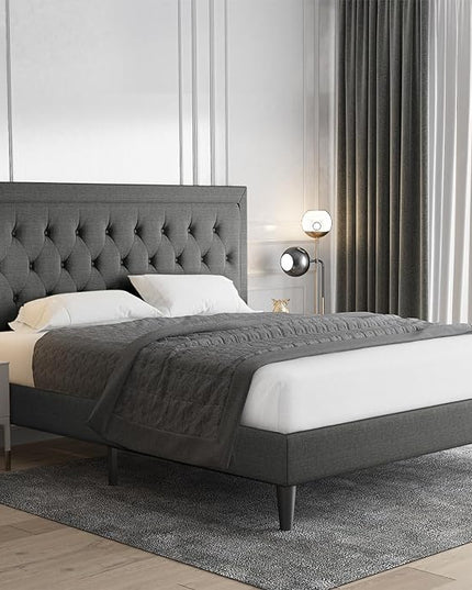 Allewie Queen Size Button Tufted Platform Bed Frame/Fabric Upholstered Bed Frame with Adjustable Headboard/Wood Slat Support/Mattress Foundation/Dark Grey (Queen) - LeafyLoom