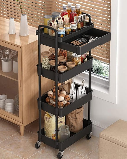 4-Tier Rolling Cart，Trolley with Drawer, Kitchen Storage Organizer with Plastic Shelf & Metal Wheels, Storage Cart for Living Room, Kitchen, Office, Bathroom, Black - LeafyLoom